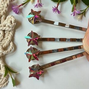 Iridescent Star Hair Pin Set 4 Silver Celestial Rhinestone Bobby Pins